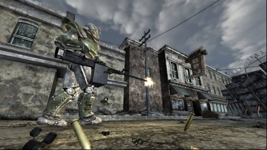 A Brotherhood of Steel acolyte holding a huge machinegun in the Weapons Expanded mod, one of the best Fallout New Vegas mods out there.