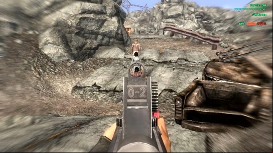 The player aims down the sights of the 556mm SMG with the Fallout 3 mod Iron Sights.