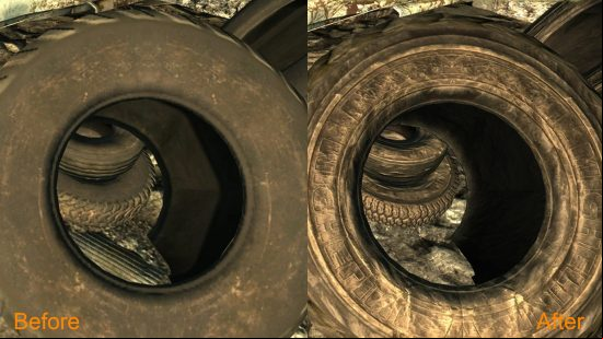 A side-by-side image of tyres in FO3, on the left with original textures, and on the right, with far more detail, with the NMC texture pack installed, one of the best Fallout 3 mods.