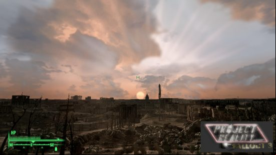 A view over the wasteland in Fallout 3, demonstrating the improved lighting effects offered by Project Reality, one of the best Fallout 3 mods.