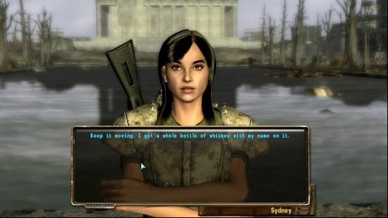 A text box appears under an image of Sydney in the Sydney Follower Fallout 3 mod, which reads: "Keep it moving. I got a whole bottle of whiskey with my name on it."