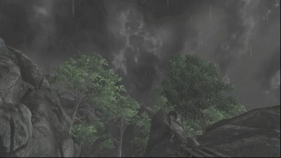 Rain falls from a gloomy grey sky thanks to one of the best Fallout 3 mods, Enhanced Weather.