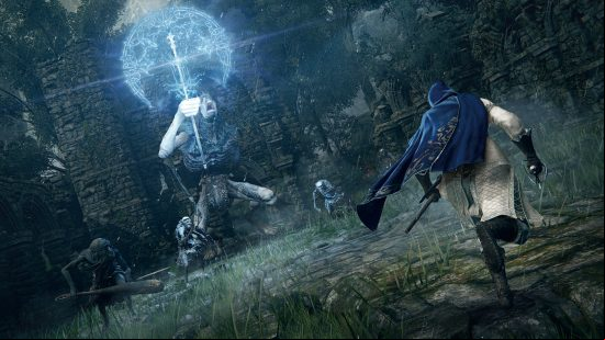 Best single player games - Elden Ring: The player character running towards a huge troll holding a glowing sword in a castle.