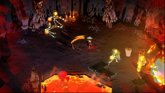 Best single player games - Hades: A volcano-esque area with bones stacked along the walls and some monsters wandering around,.