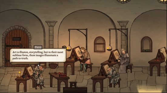Best single player games - Pentiment: Four men sat at desks in an art classroom, painting.