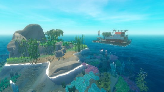 Best single player games - Raft: A panoramic view of some islands in the ocean.