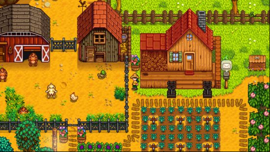 Best single player games - Stardew Valley: The player character stood on their farm with some crops and animals nearby.
