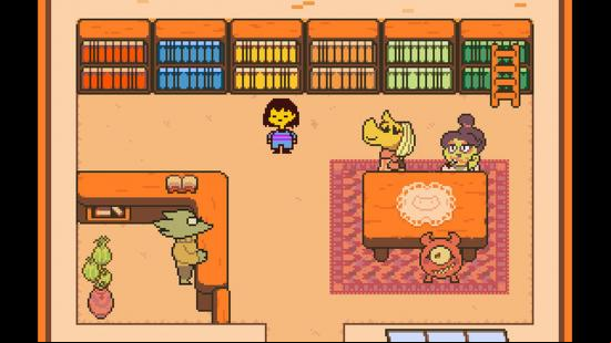 Best Christmas levels - the protagonist from Undertale is stood inside a library with three kids and a librarian. Books are sorted by colour.
