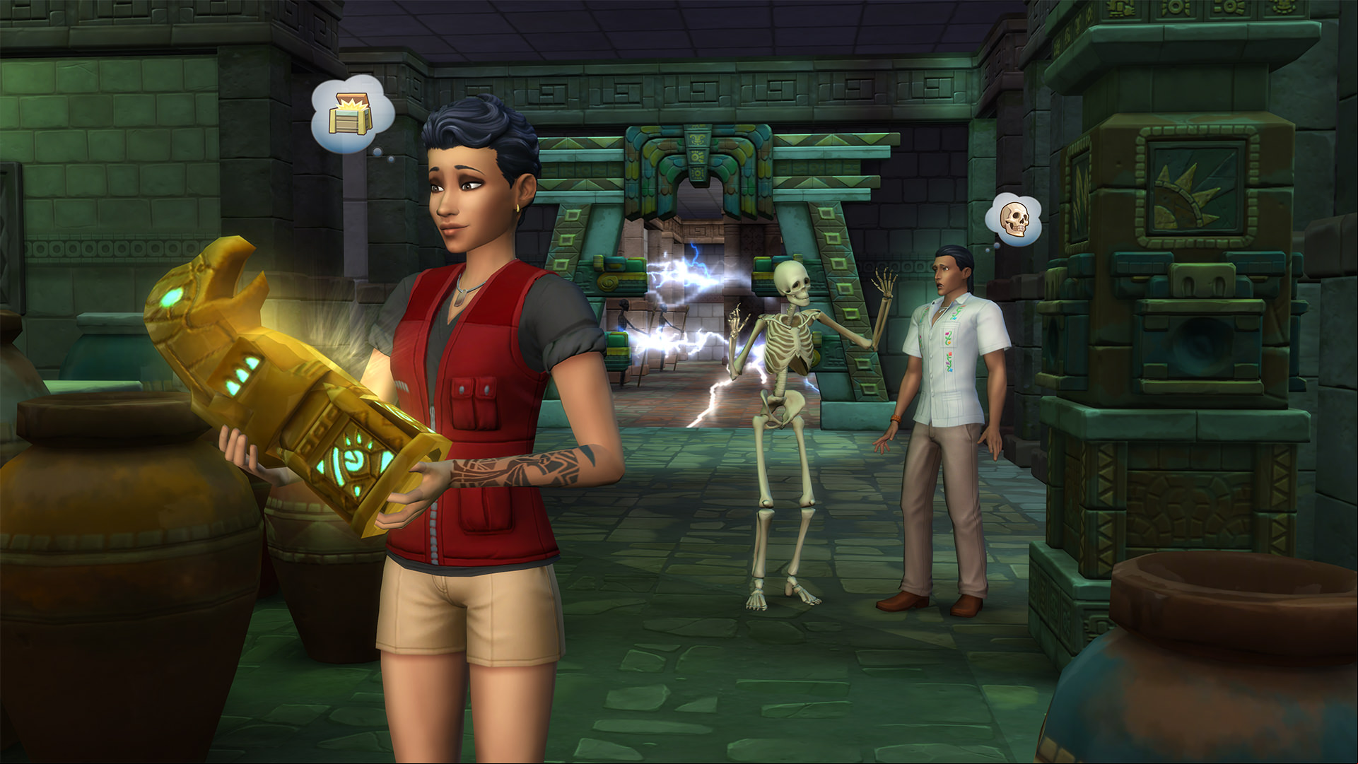 The Sims 4 Adventures screenshot showing a Sim analysing an ancient artefact while another faces a skeleton.