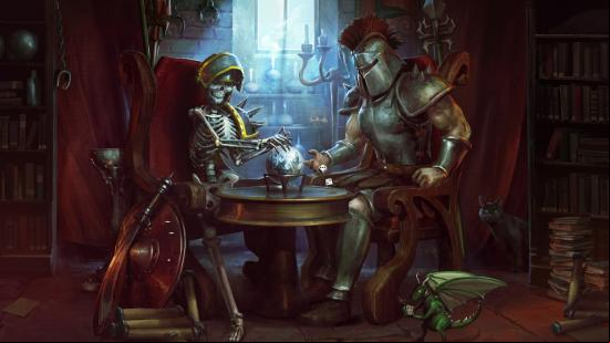 Best free PC games: Runescape. Image shows a knight and a skeleton at a table together. The skeleton is alive.