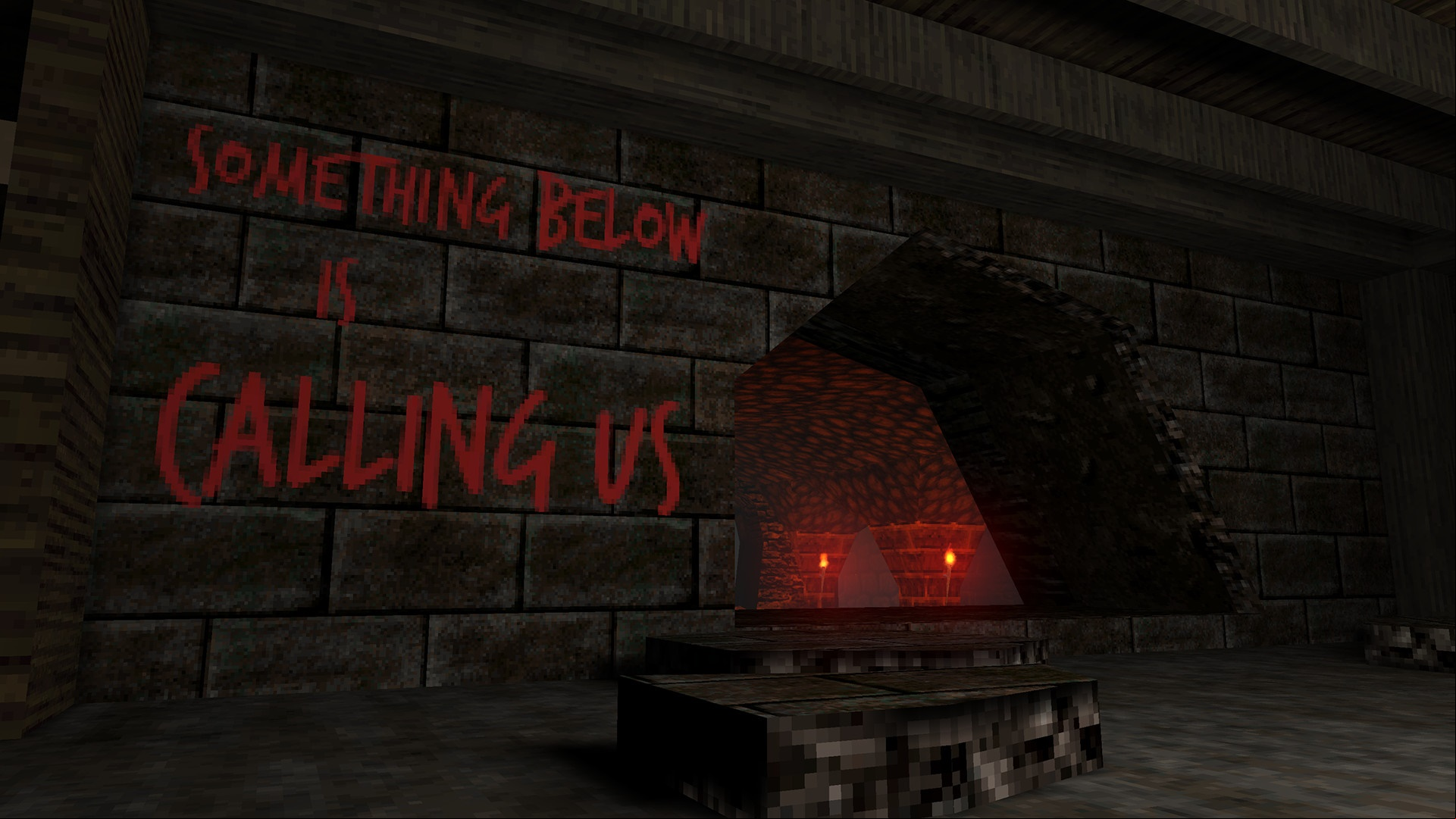 Best retro games: Dusk. Image shows a dark chamber with the words "something below is calling us" scrawled in red on the wall.