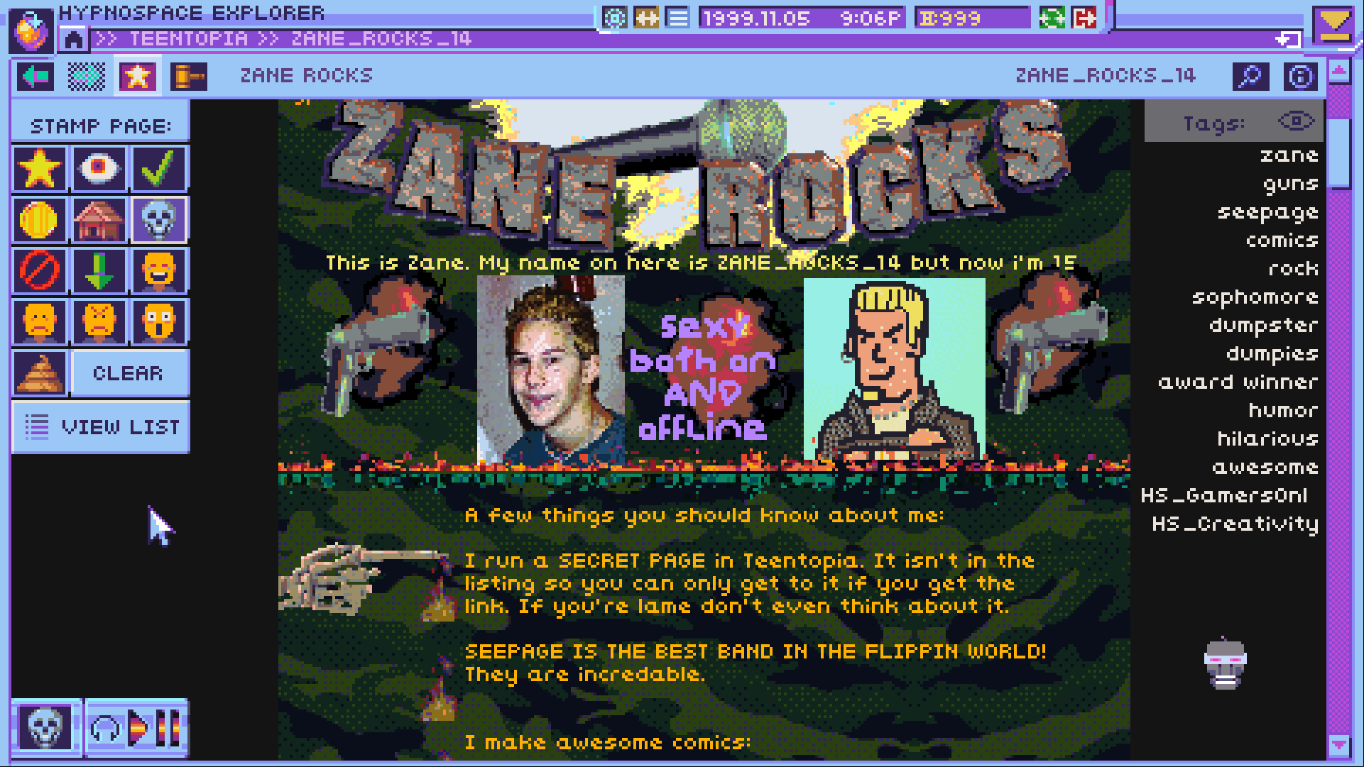 Best retro games: Hypnospace Outlaw. Image shows a crude webpage titled Zane Rocks which features a photo of a box as well as a simple drawing of a man.