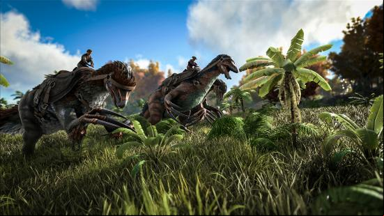Players riding dinosaurs in one of the best crafting games, Ark: Survival Evolved