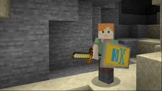 Minecraft shield: a person holding a gold sword and a shield with a custom decoration.