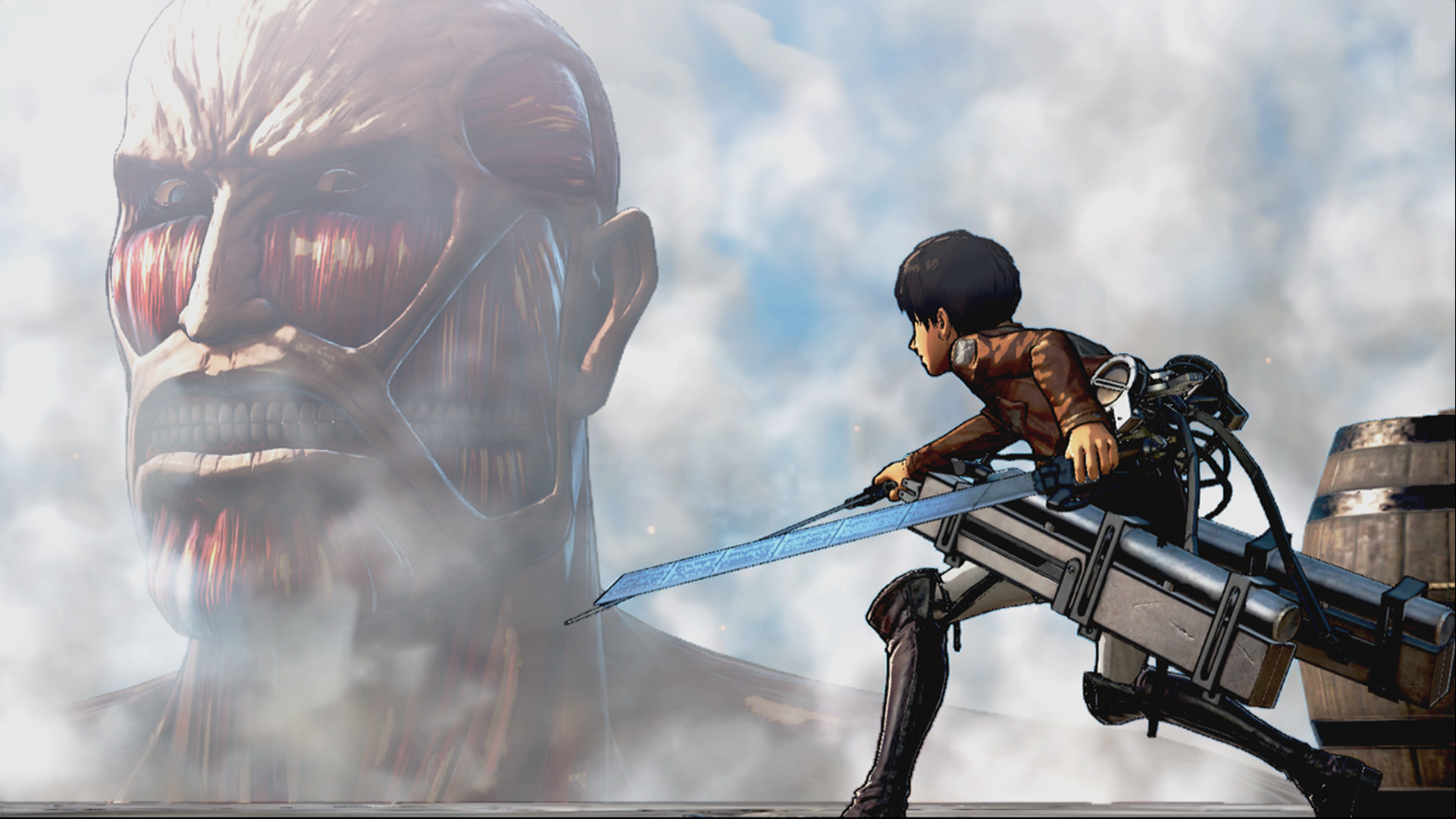 Best anime games: Attack on Titan. Image shows a titan looking at someone and looking hungry.