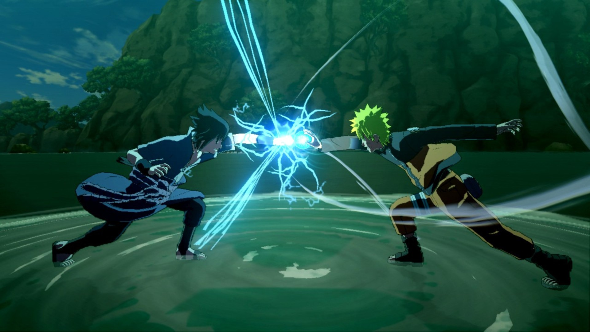 Best anime games: Naruto Shippuden: Ultimate Ninja Storm 3 Full Burst. Image shows two fighter whose fists have collided and generated electricity.