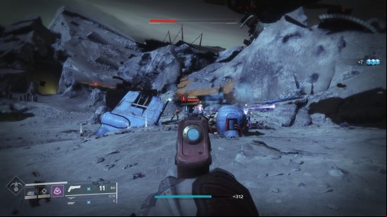 Destiny 2 Deathbringer: a rockey area, the player holding a pistol in a first person perspective