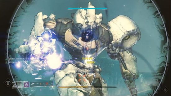 Destiny 2 Garden of Salvation raid: the player takes aim at a huge, ancient humanoid robot