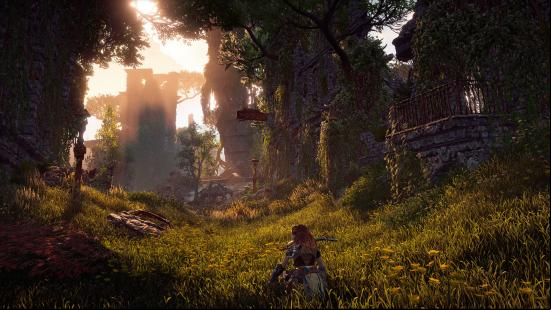 Best robot games - Aloy from Horizon Zero Dawn crouches low in some grass, surrounded by overgrown ruins.