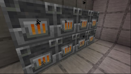 Minecraft smooth stone slabs - a wall of blast furnaces all in use.