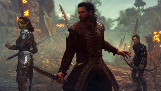 A party of heroes consisting of a rogue, archer, and warrior, in the multiplayer set for the Baldur's Gate 3 release date.