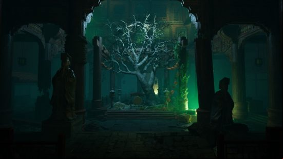 A tree in a dimly lit area with glowing green lights