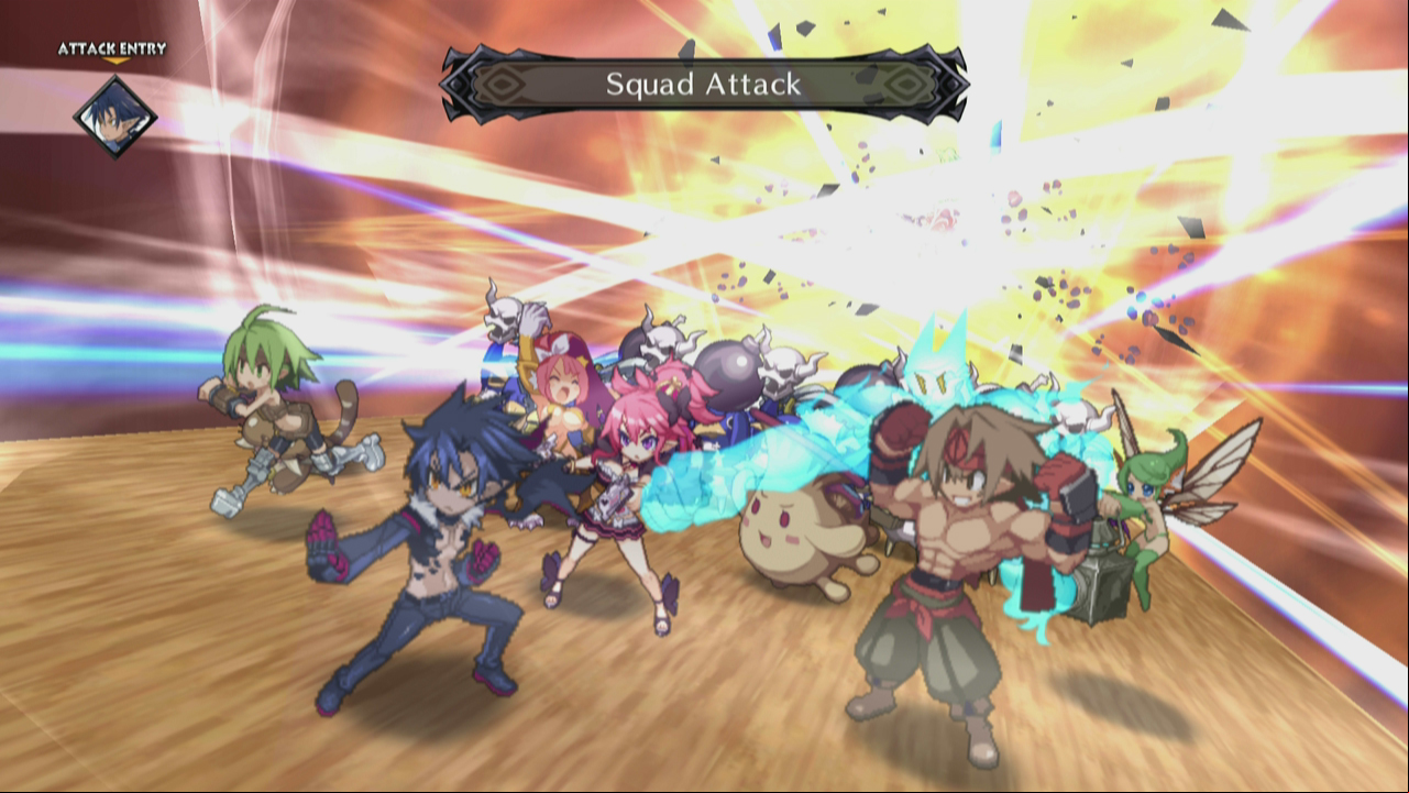 Best turn-based RPGs: Disgaea 5. Image shows a squad of anime characters are lining up for a combo attack.
