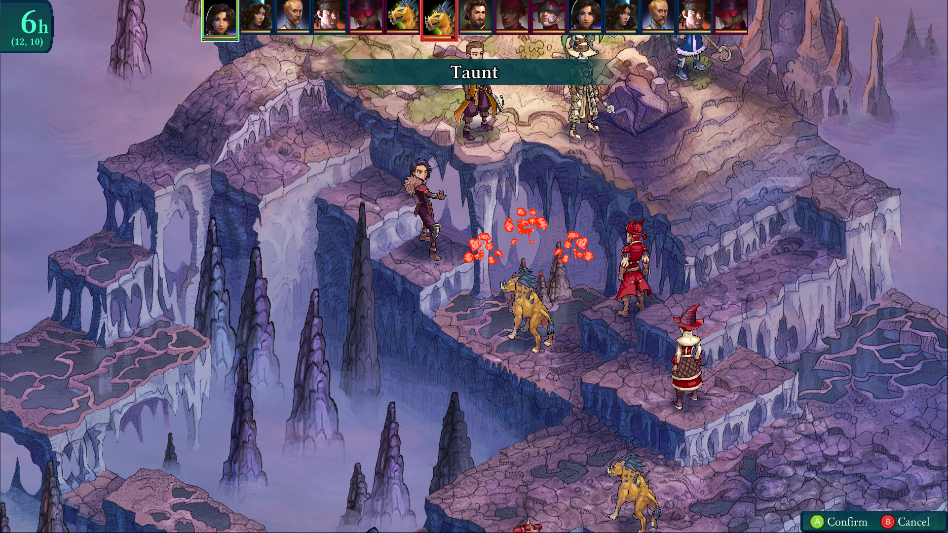 Best tun-based RPGs: Fell Seal: Arbiter's Mark. Image shows a lady on high ground confronts a beast below her. Other warriors are dotted about the map.
