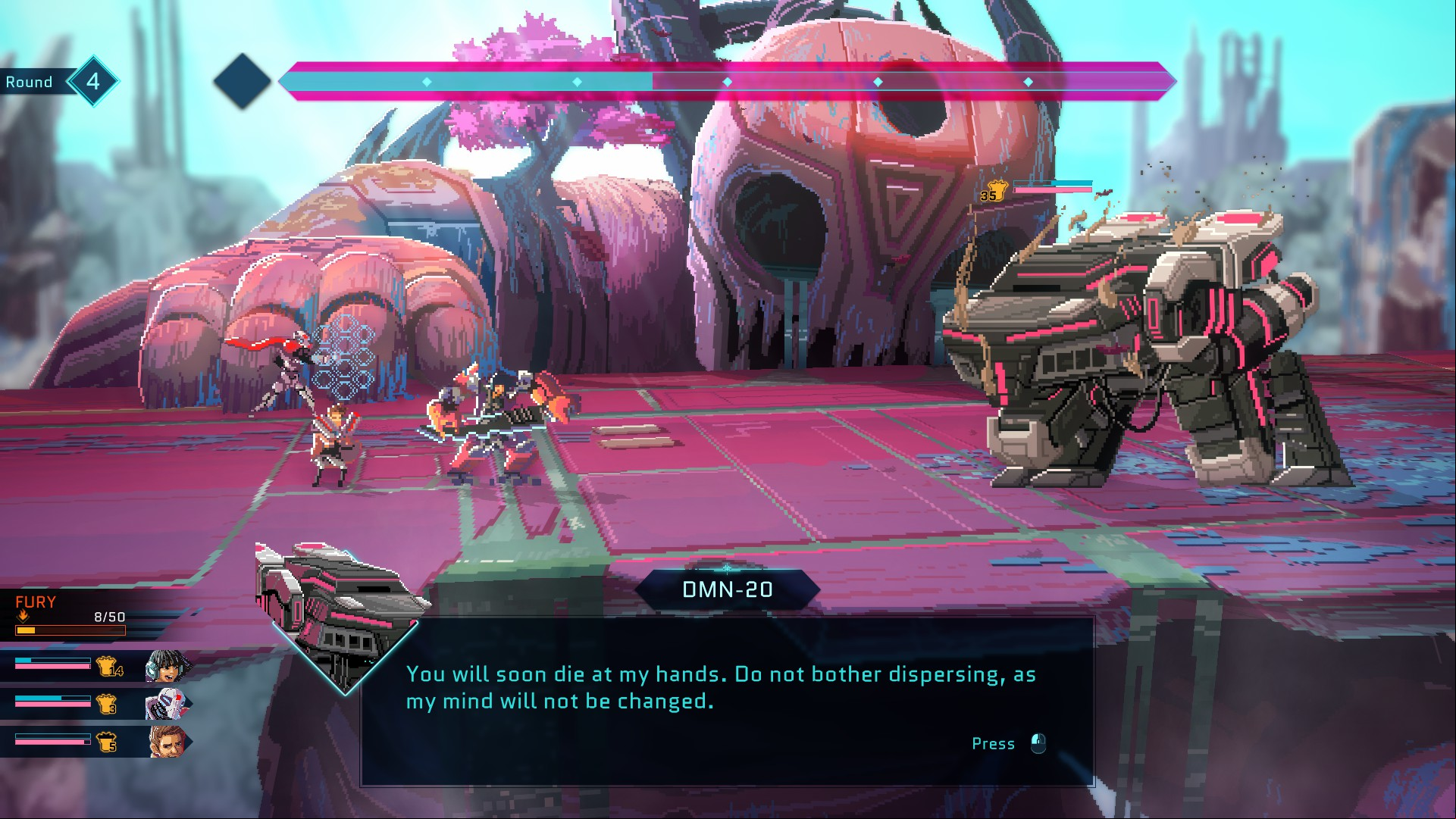 Best turn-based RPGs: Star Renegade. Image shows three pixel art warriors face off against a giant pixel-art mech in Star Renegades.