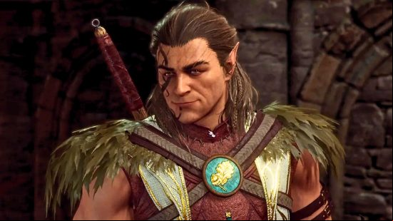 Baldur's Gate 3 companions: a light-skined male with pointy ears, long brown hair, and a sword strapped to his back.