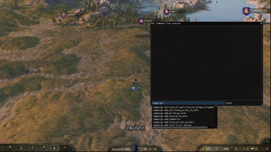 Best Bannerlord mods - the screen shows a map showing armies and territory owned by multiple players. A black screen with some text appears on the right side, which is the command console window.
