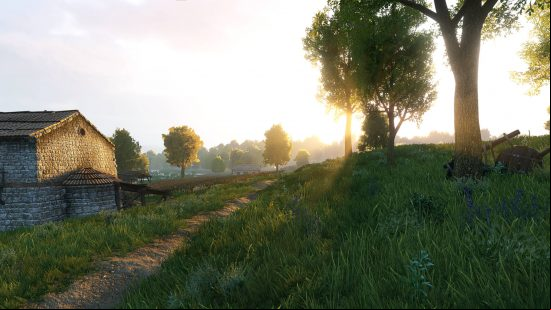 Best Bannerlord mods: a small farmstead with trees and a lush field in the setting sun.