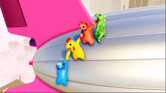 Games like Fall Guys: A cute, cartoonish dinosaur, tiger, chicken, and blue bear hang to one another off the side of a blimp in Gang Beasts.