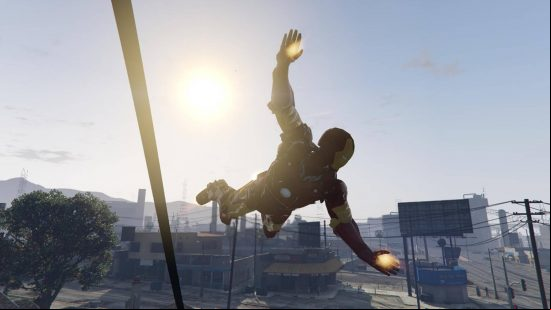 Best GTA 5 mods - Iron Man is flying through Los Santos.