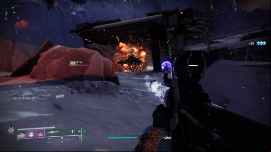 Destiny 2 Beyond Light raid: a futuristic weapon causes an explosion in the distance.