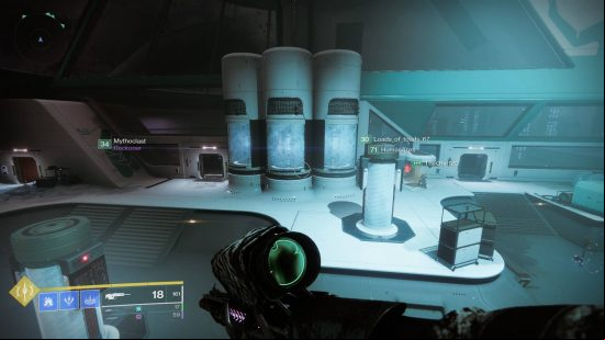 Destiny 2 Beyond Light raid: first person view of three frozen glowing blue cylinders