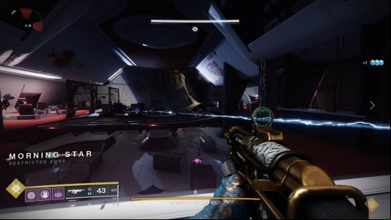 Destiny 2 Beyond Light raid: first person view of a futuristic room with lots of technical equipment.