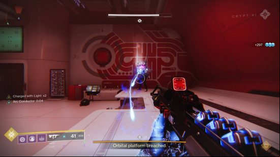 Destiny 2 Beyond Light raid: first person view of a clean white wall covered in a futuristic red pattern.
