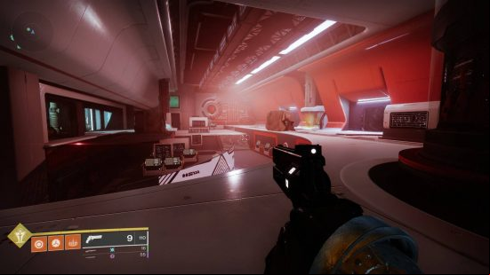 Destiny 2 Beyond Light raid: first person view of a soldier holding a revolver type handgun.