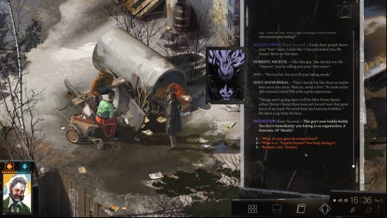 Best story games - a detective is talking to a witness next to a broken down caravan in the snowy street in Disco Elysium.
