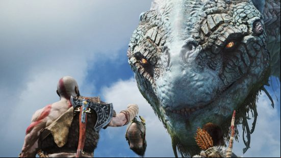 Best story games - Kratos is standing next to his son, Atreus, while holding the head of Mimir aloft towards a giant serpent in God of War.