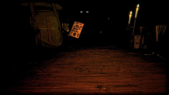 Best story games - across from a table are some piercing eyes, a rucksack with a rat behind it holding a card, and some items next to a candlestick.