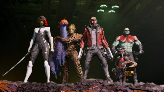 Best story games - the Guardians of the Galaxy team stood on a cliff face, with a purple llama sporting bright orange hair next to them.