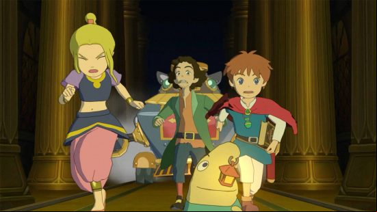 Best games like Pokémon - the main characters from Ni No Kuni Wrath of the White Witch running away from a trap.