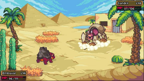 Best games like Pokémon - a Embaual is fighting against a Sandril in the middle of a desert oasis in Coromon.