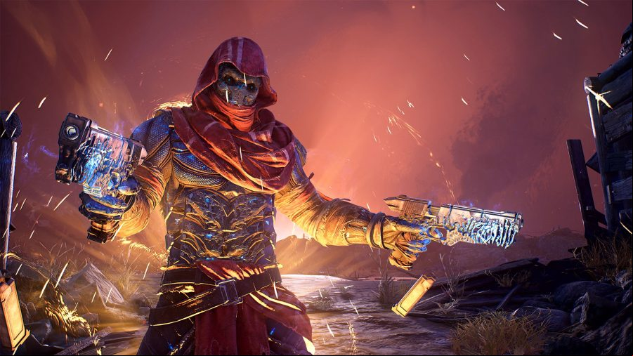 An Outrider brandishing two legendary pistols