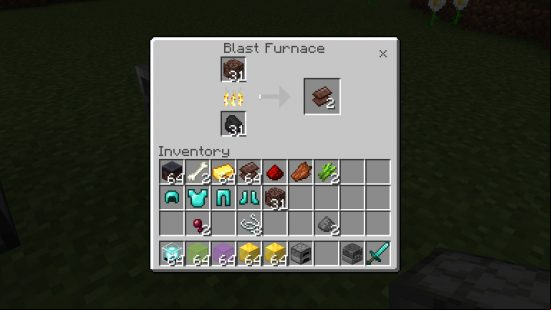 Minecraft Netherite - smelting ancient debris into Netherite scrap in a blast furnace.