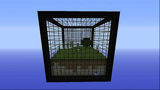Best Minecraft maps - BiomeBox shows a small bit of land inside a steel cage suspended in the air.