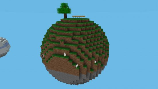 Best Minecraft maps - a tree and a fence on top of a big sphere in the sky in Sphere Survival. Three sheep and a cow are desperately trying not to fall off.
