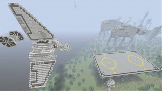 Best Minecraft maps - an Imperial warship and a TIE fighter landing on a green planet in the Star Wars map. Two AT-ATs are walking to the right.